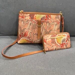 Brahmin Red and Tan Crossbody Bag with Floral Design